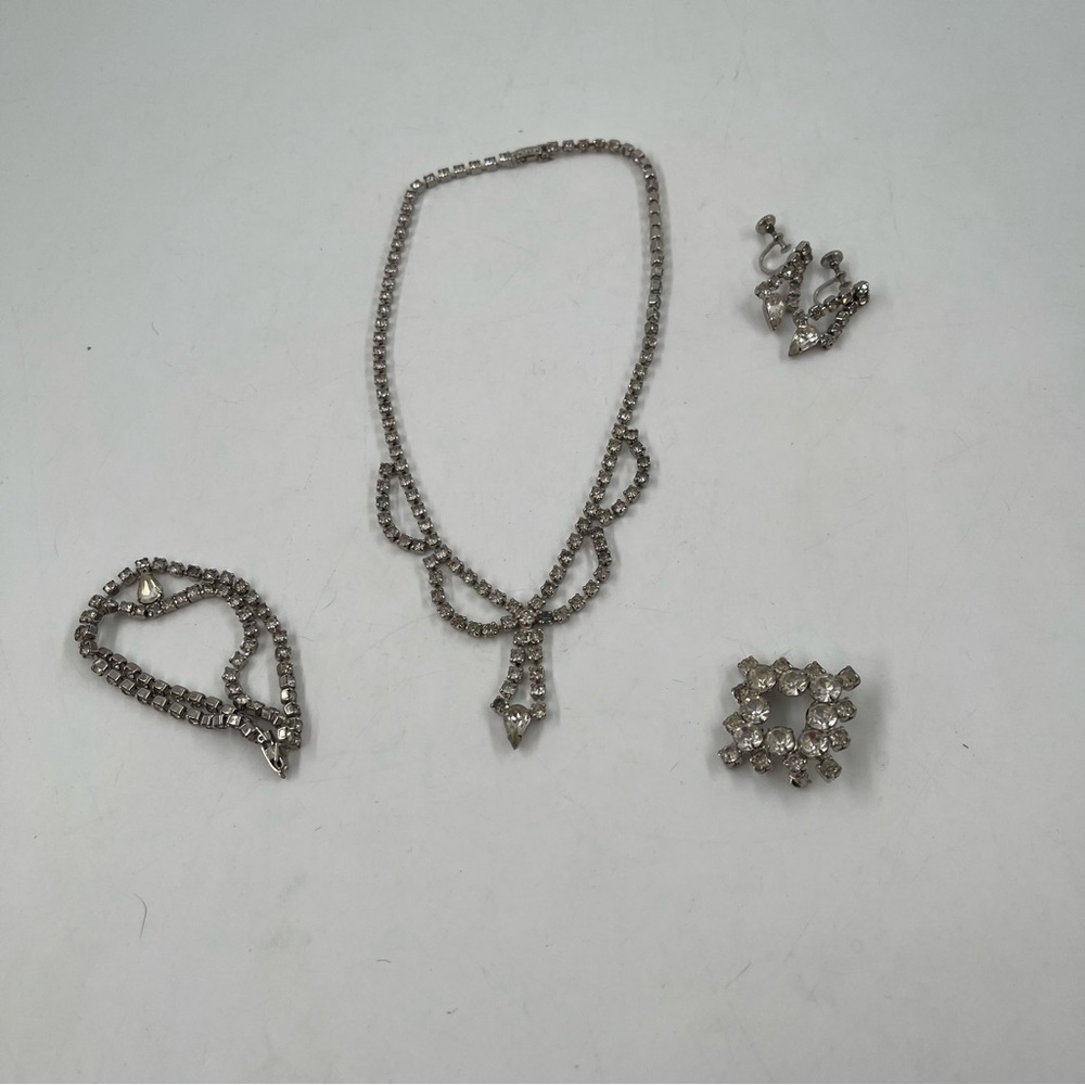 Vintage -Set of 4 Rhinestone/Crystal Necklace, Bracelet, Clip Earrings & Brooch